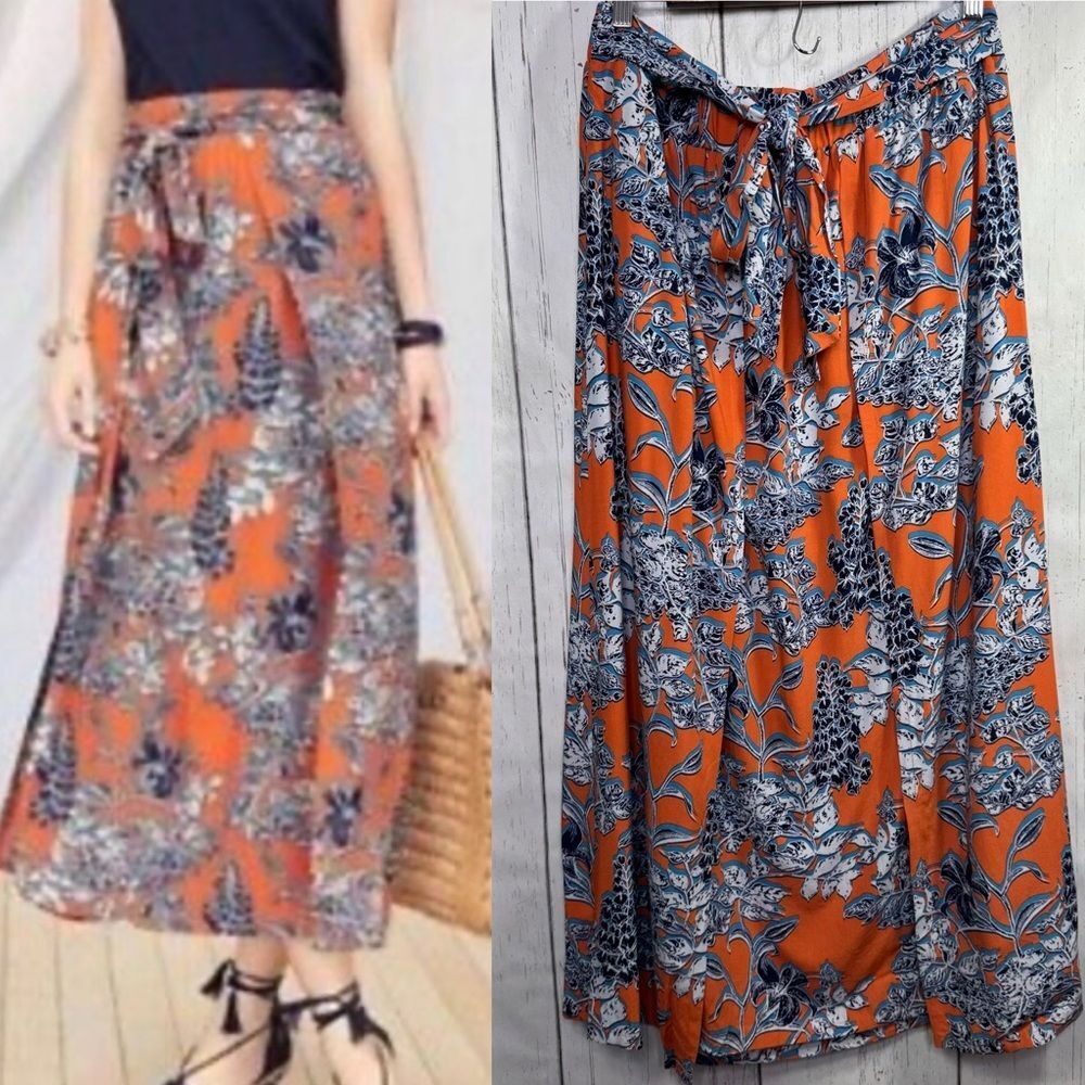 Cabi Orange Blue Floral Maxi Skirt Size L Boho Resort Coastal Cowgirl Tropical